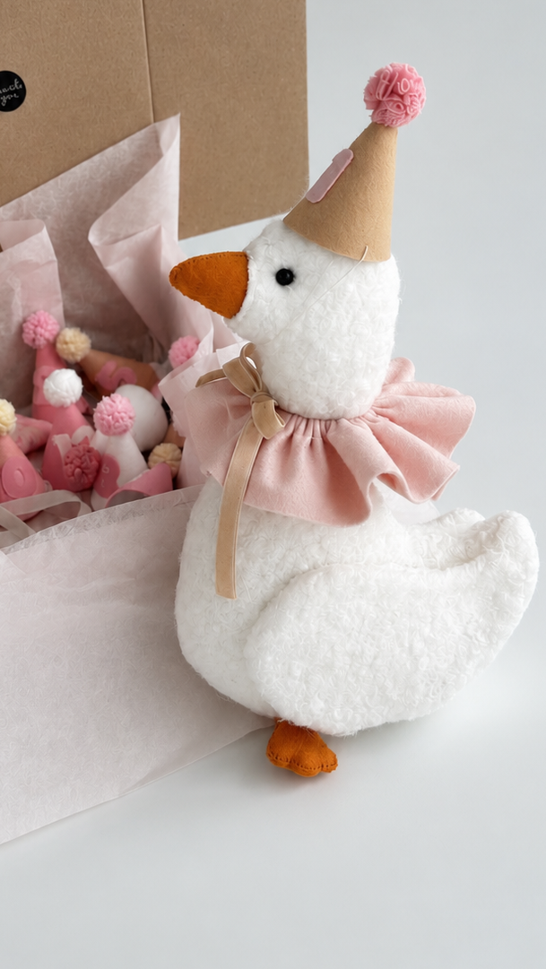 Gift box primo anno neonata con paperella peluche bianca, cappellino rosa e cappellini mensili