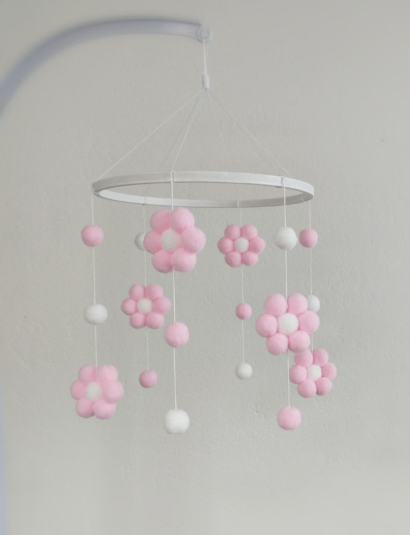 Carillon neonato mobile culla fiori feltro rosa e bianco pon pon personalizzato idea regalo bambina