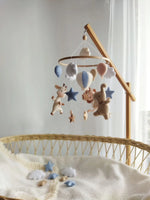 Giostrina culla neonato feltro con animaletti e palloncini colorati, mobile musicale, cerchio legno carillon 
