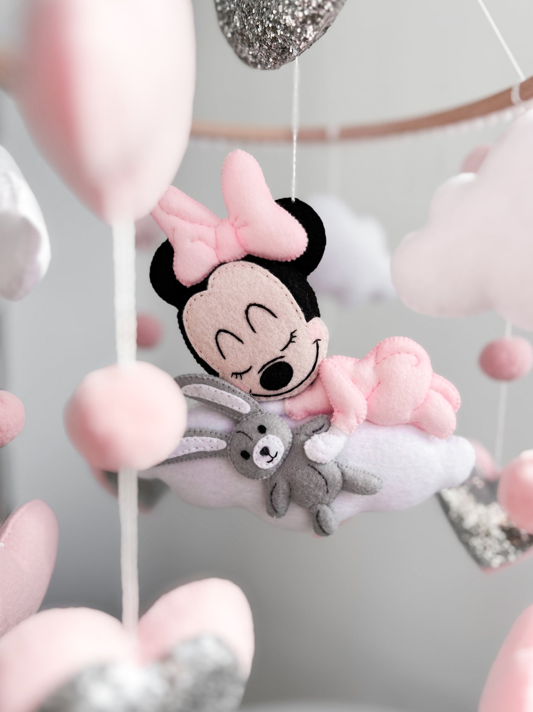 Mobile neonata Minnie dorme con orsetto feltro rosa silver luna glitter cuori regalo nascita