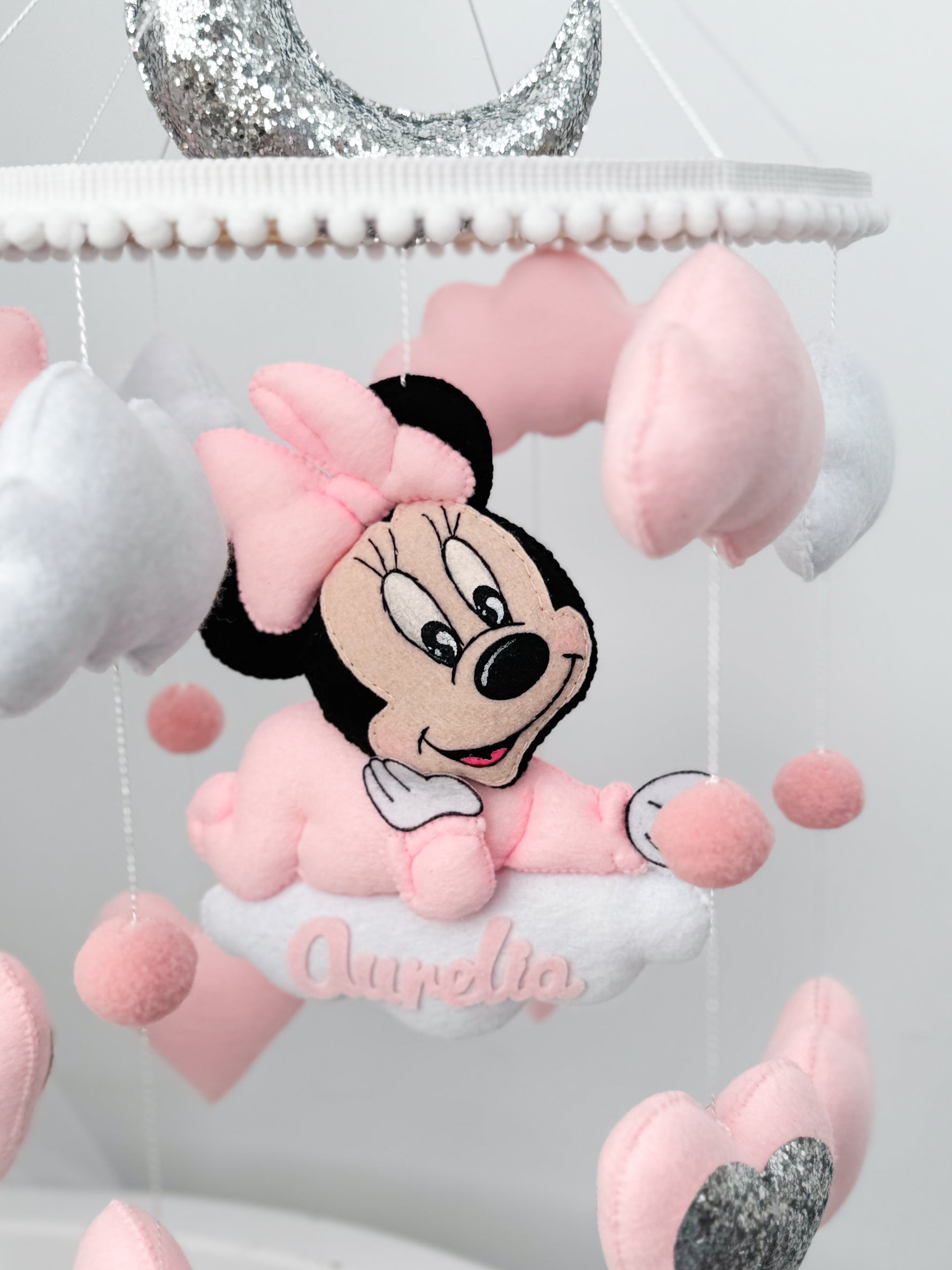 Giostrina neonata Minnie Mouse personalizzata nome feltro rosa idea regalo nascita bambina