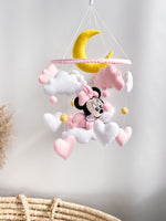 Giostrina culla Minnie Mouse rosa feltro luna gialla cuori bianchi nuvole neonata handmade