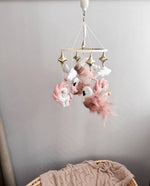 Giostrina culla neonata feltro lusso ballerina cigno unicorno rosa oro stelle nuvole piume carillon, cerchio di legno 