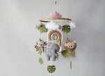 Mobile culla neonato handmade safari feltro, elefante scimmia leone, foglie tropicali ,cerchio legno
