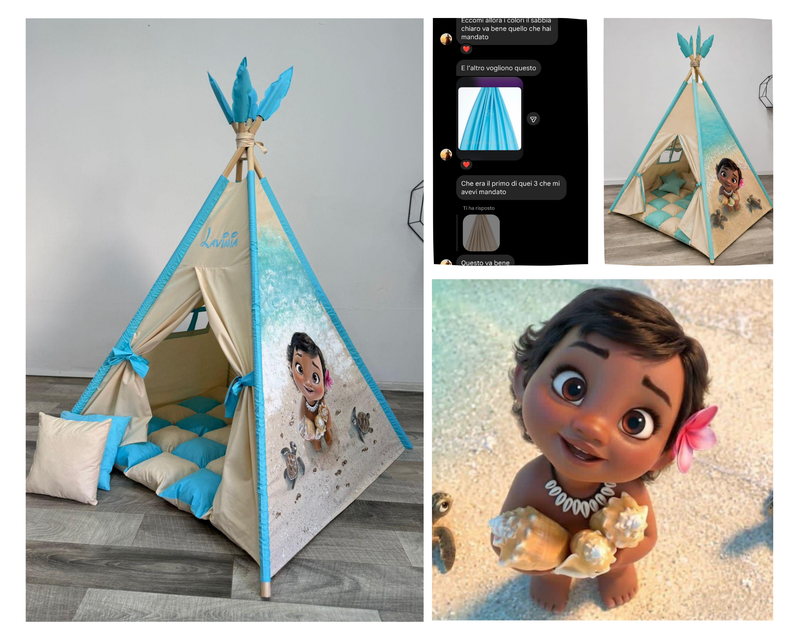 Illustrazione Disney di Vaiana neonata sulla spiaggia con le conchiglie per decorazioni tende