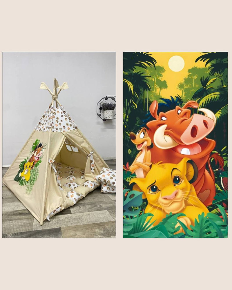 Illustrazione Disney del Re Leone nella giungla con il cucciolo Simba, Timon e Pumba