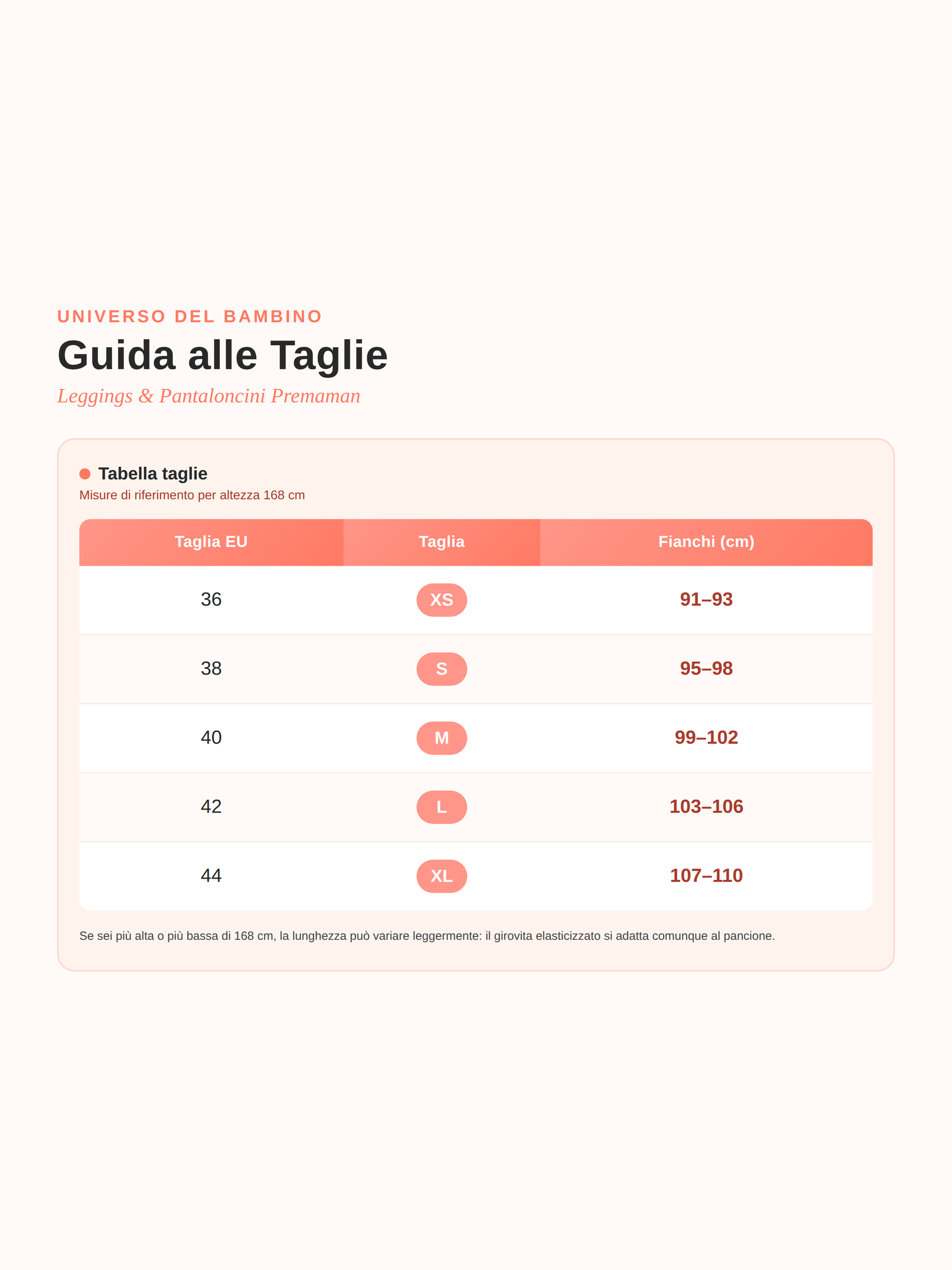 Guida alle taglie - Leggings e Pantaloncini Premaman