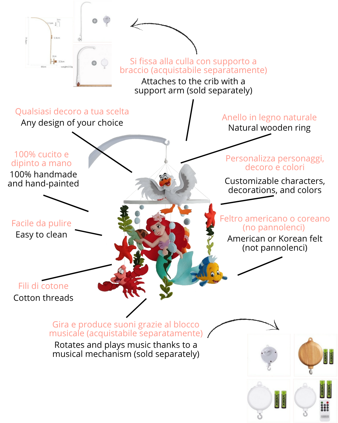 Infografica giostrina culla feltro cucita a mano personalizzabile  carillon anello legno