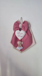 Fiocco nascita personalizzato bimba in cotone rosa antico e righe bianche con cuore ricamato ed elefantina in feltro su nuvoletta