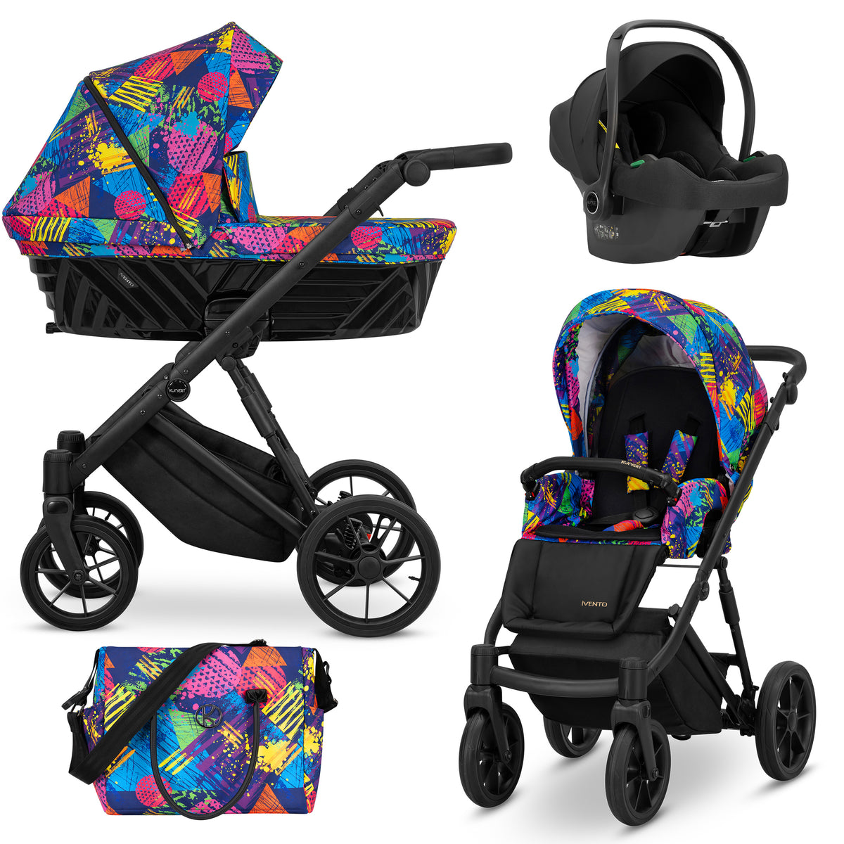 Passeggino 3in1 Ivento Kunert fantasia multicolore pop con ovetto Cosmo nero e borsa coordinata