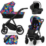 Passeggino 3in1 Ivento Kunert fantasia multicolore pop con ovetto Cosmo nero e borsa coordinata