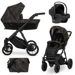 Passeggino 3in1 Ivento Kunert nero fantasia oro telaio tutto nero con ovetto Cosmo e borsa cambio