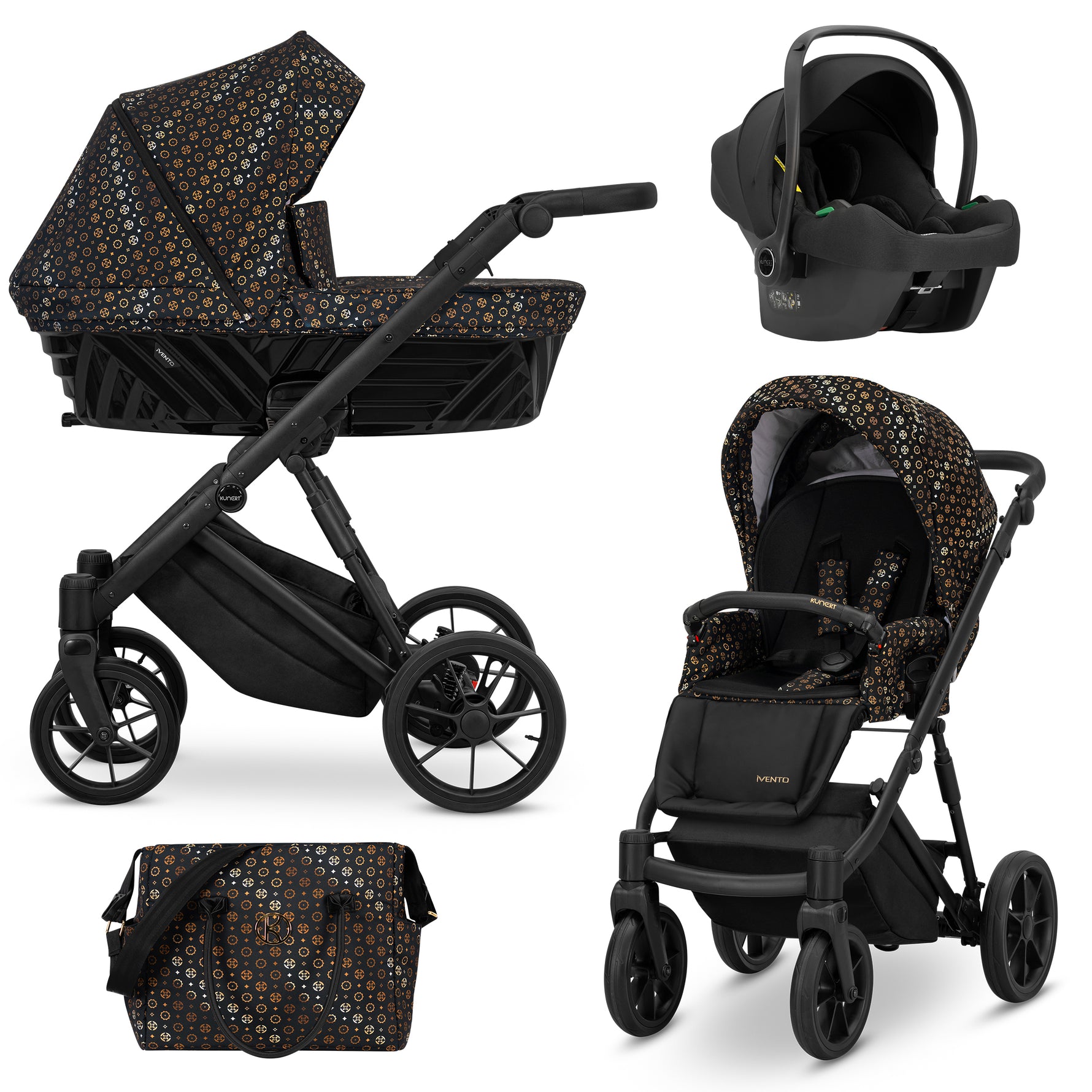 Passeggino 3in1 Ivento Kunert nero fantasia oro telaio tutto nero con ovetto Cosmo e borsa cambio