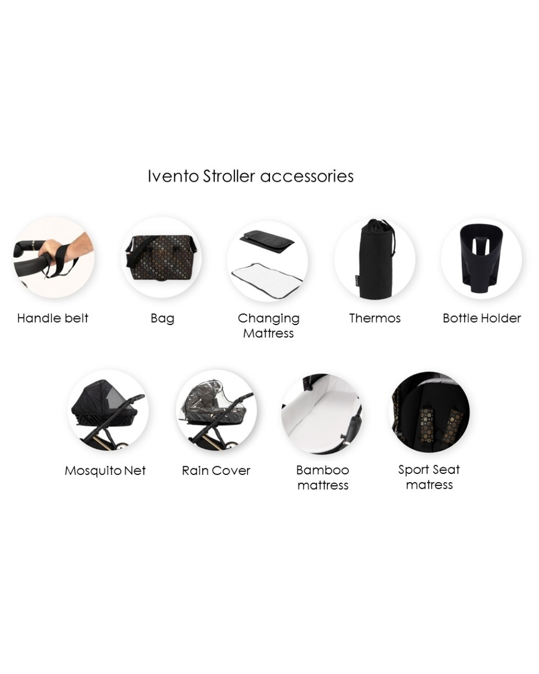 Accessori passeggino Ivento Kunert: borsa, materassino fasciatoio, thermos, portabiberon, zanzariera, coprpioggia, materassino bamboo e seduta sport