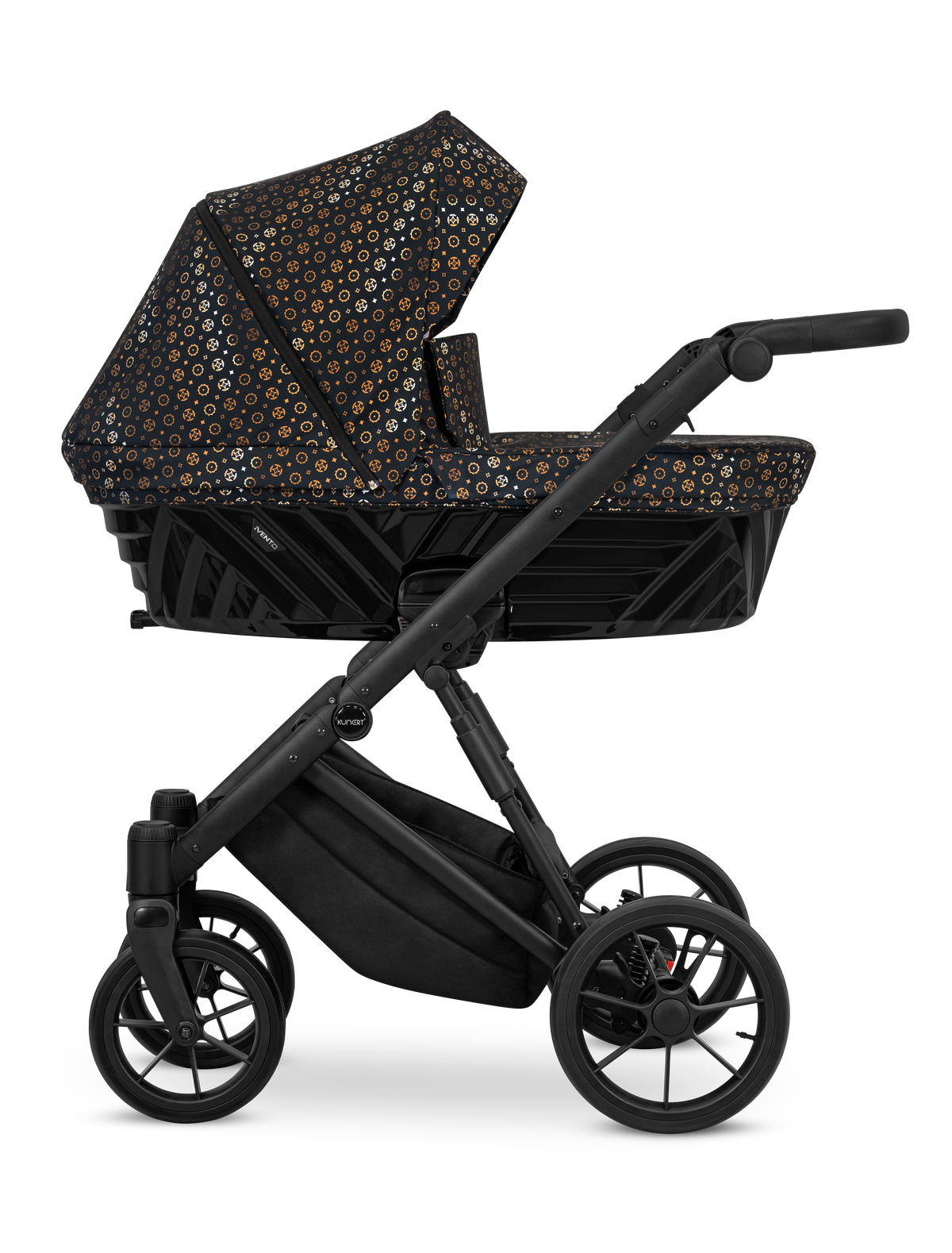 Passeggino Ivento Kunert Black Style navicella nera fantasia oro telaio tutto nero vista laterale