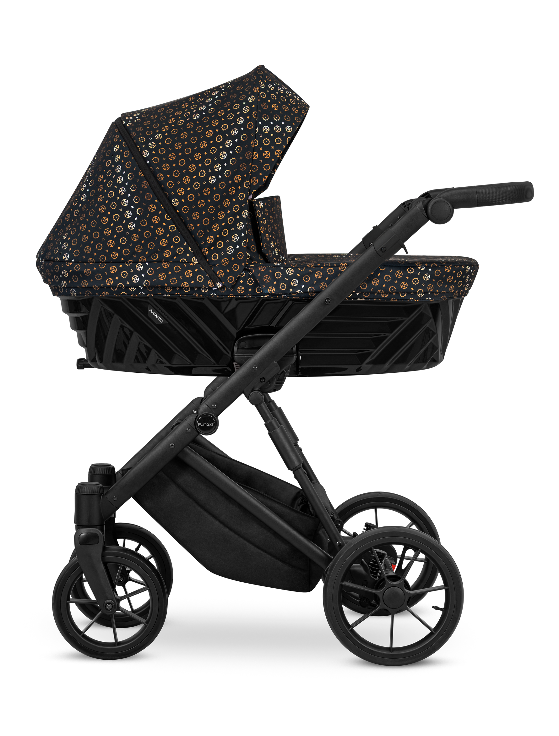 Passeggino Ivento Kunert Black Style navicella nera fantasia oro telaio tutto nero vista laterale