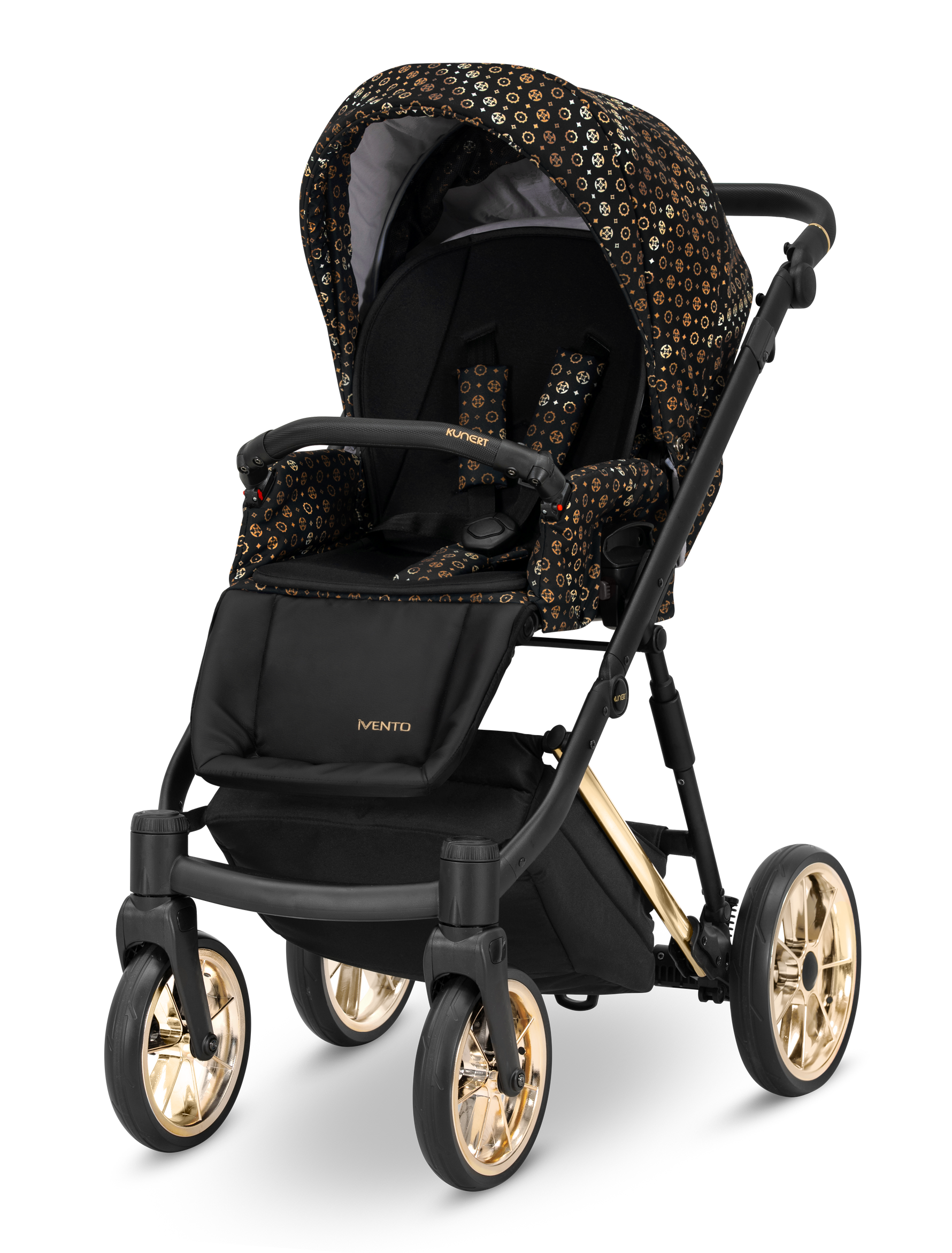 Passeggino Ivento Kunert Black Style seduta nera fantasia oro con ruote dorate vista frontale