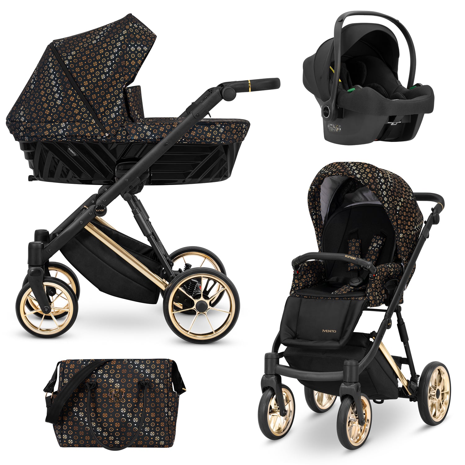 Sistema trio Ivento Kunert Black Style nero oro con navicella seduta ovetto Cosmo e borsa coordinata