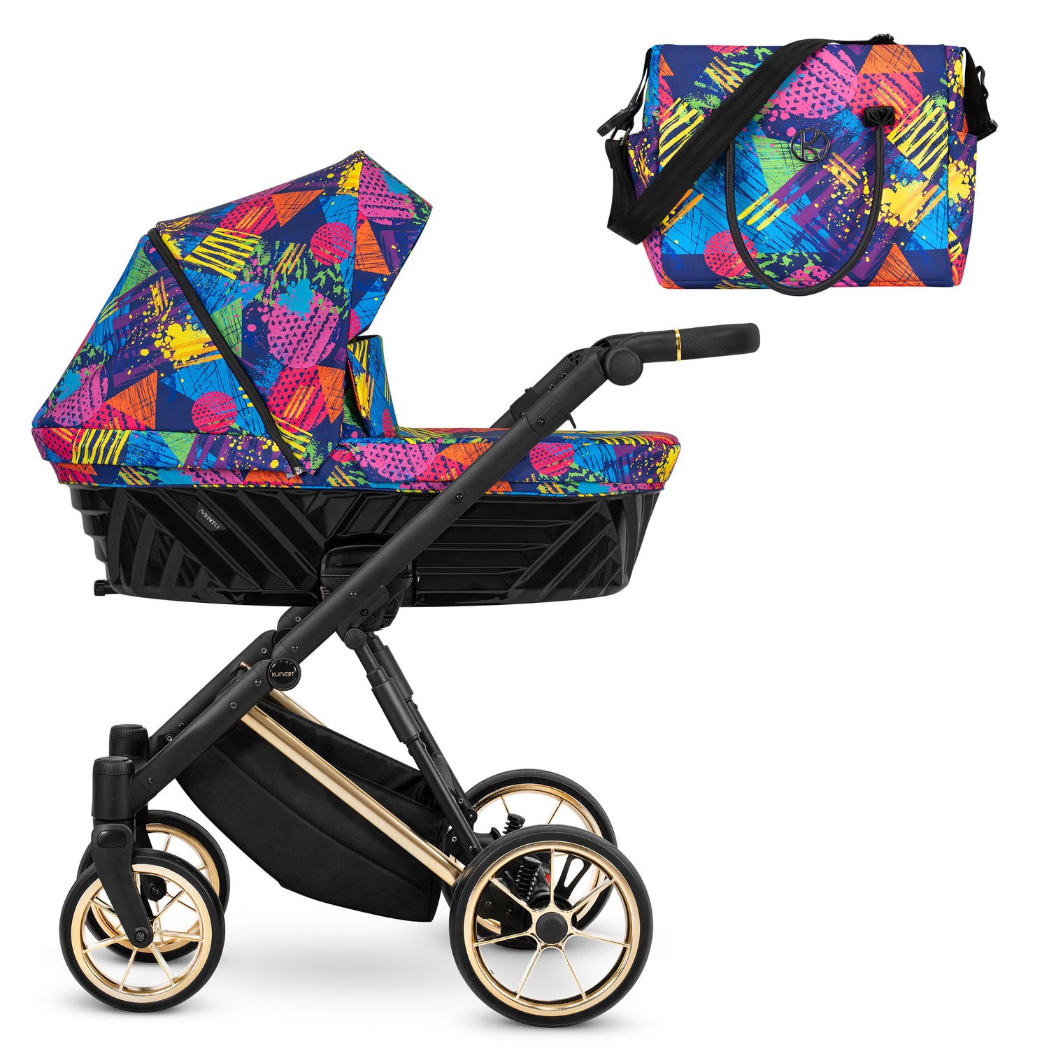 Passeggino Ivento Kunert Colors Impression navicella multicolore pop art ruote dorate con borsa coordinata