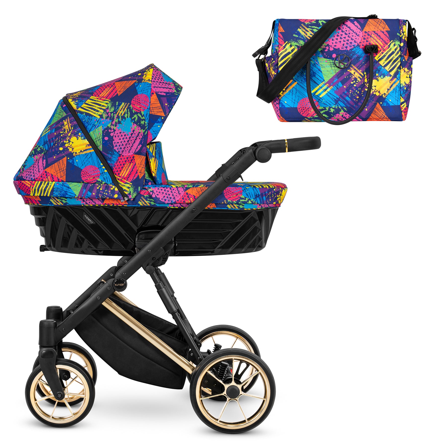 Passeggino Ivento Kunert Colors Impression navicella multicolore pop art ruote dorate con borsa coordinata
