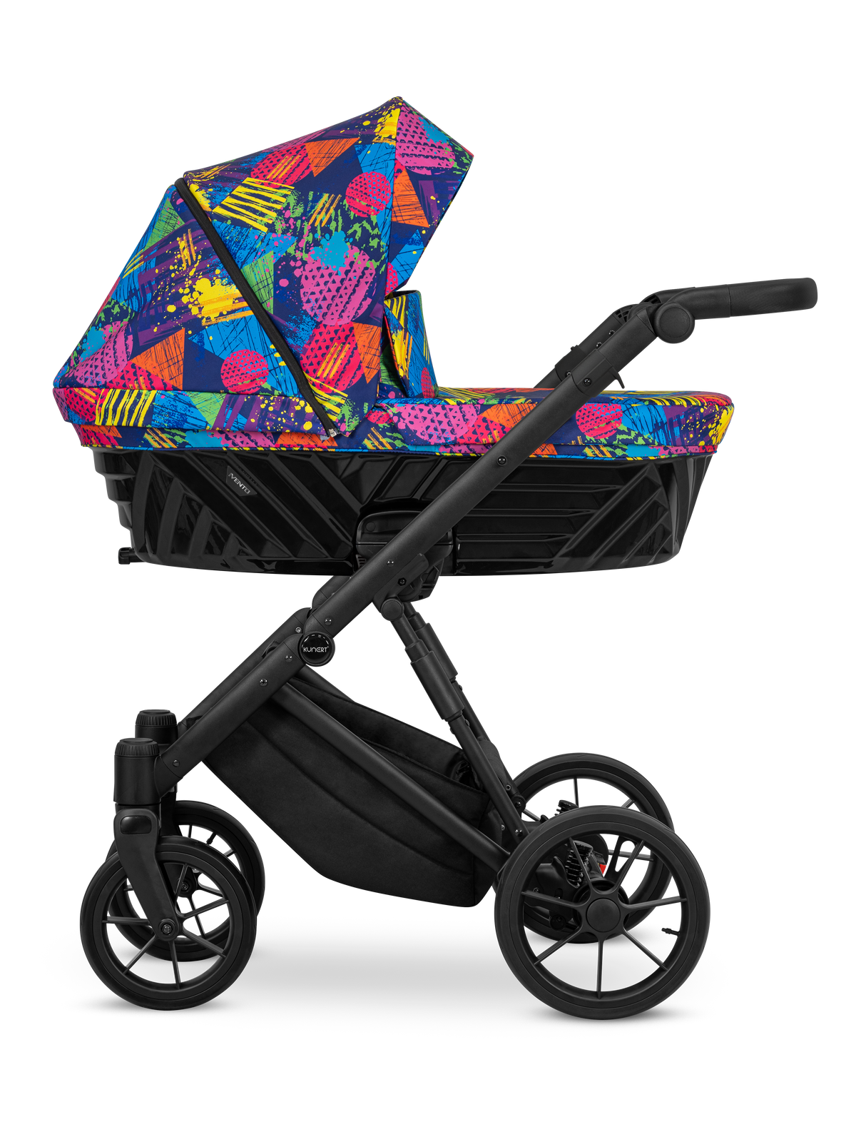 Passeggino Ivento Kunert Colors Impression navicella multicolore pop art telaio tutto nero vista laterale
