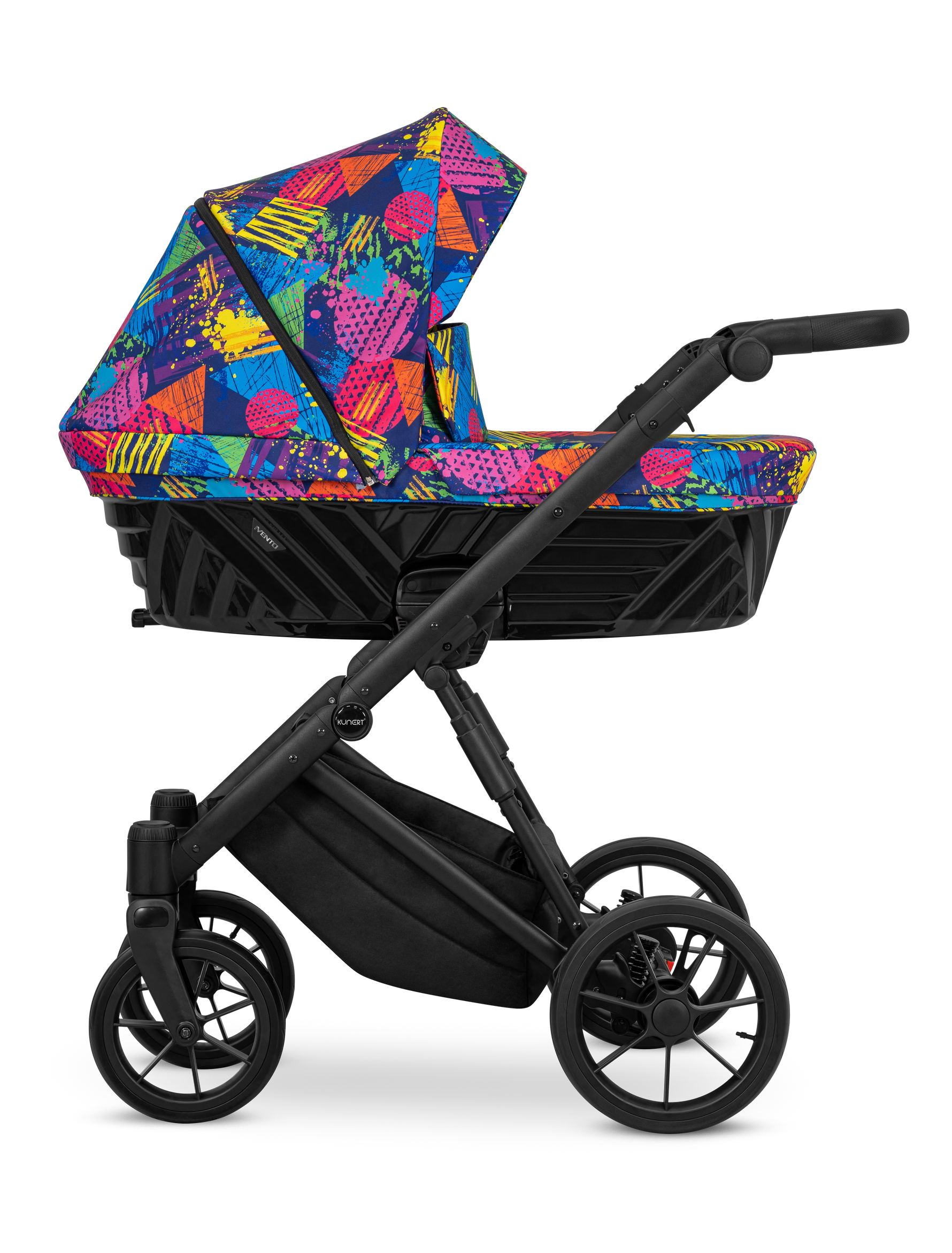 Passeggino Ivento Kunert Colors Impression navicella multicolore pop art telaio tutto nero vista laterale