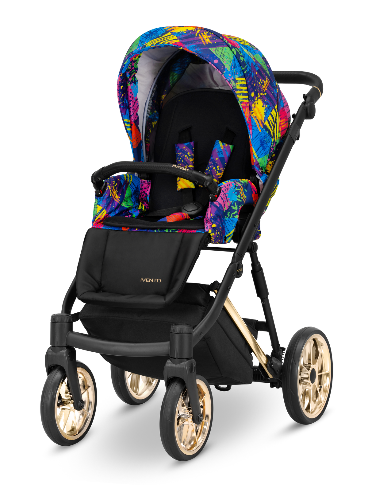 Passeggino Ivento Kunert Colors Impression seduta multicolore pop art ruote dorate vista frontale
