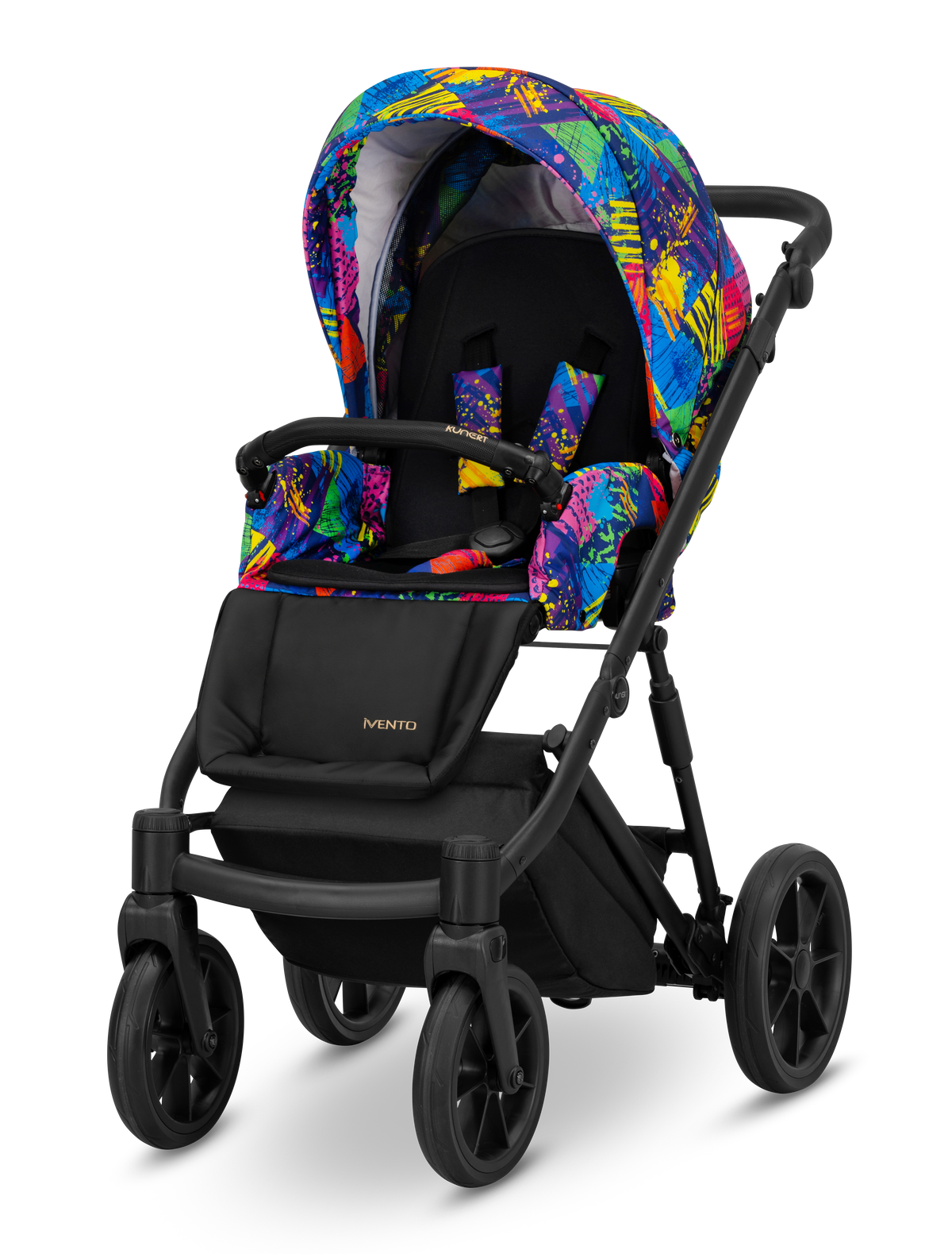 Passeggino Ivento Kunert Colors Impression seduta multicolore pop art telaio tutto nero vista frontale