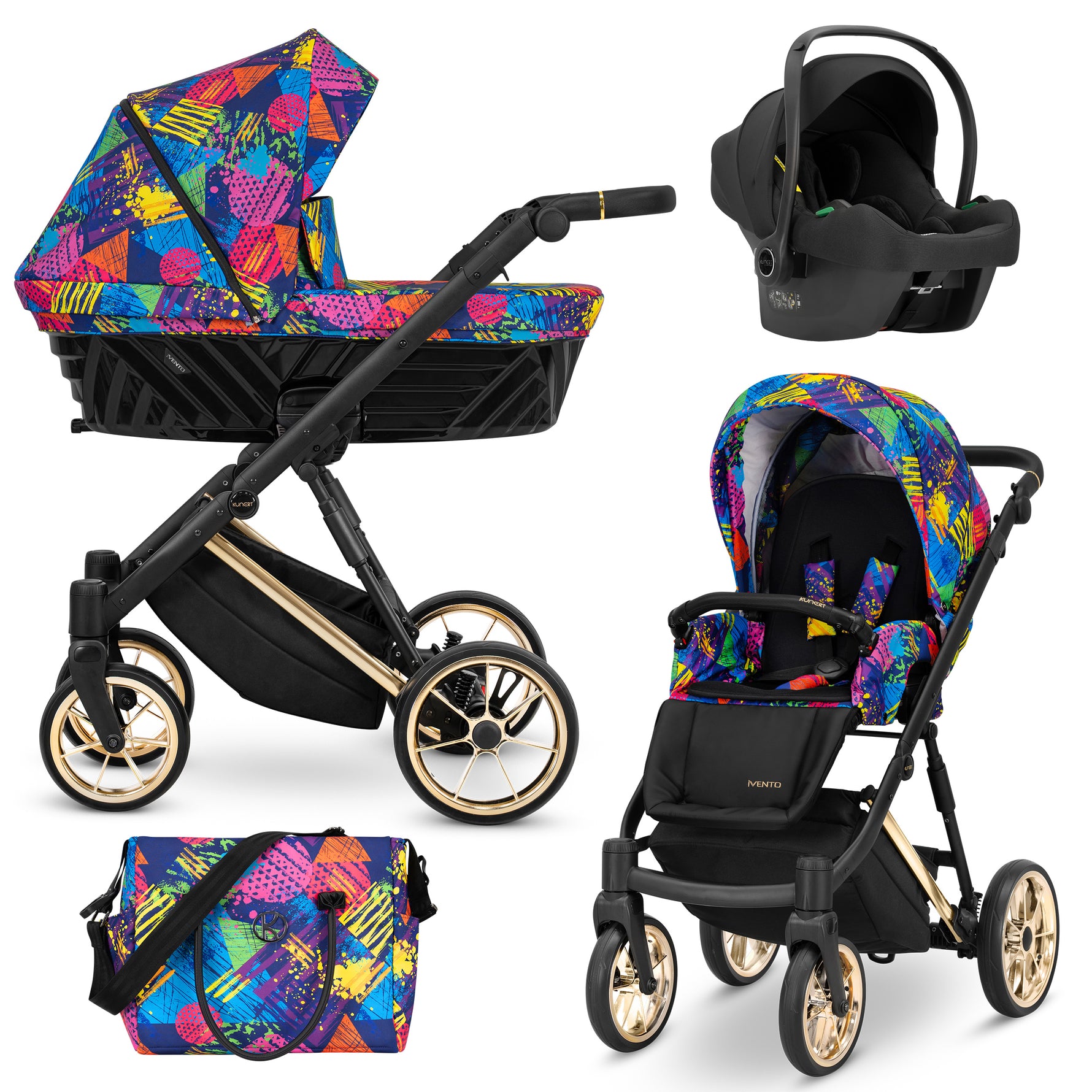 Sistema trio Ivento Kunert Colors Impression multicolore pop art ruote dorate con navicella seduta ovetto Cosmo e borsa