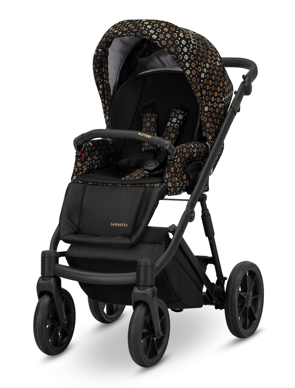Passeggino Ivento Kunert nero fantasia oro seduta con imbragatura e cappottina mesh telaio nero