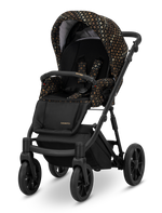 Passeggino Ivento Kunert nero fantasia oro seduta con imbragatura e cappottina mesh telaio nero