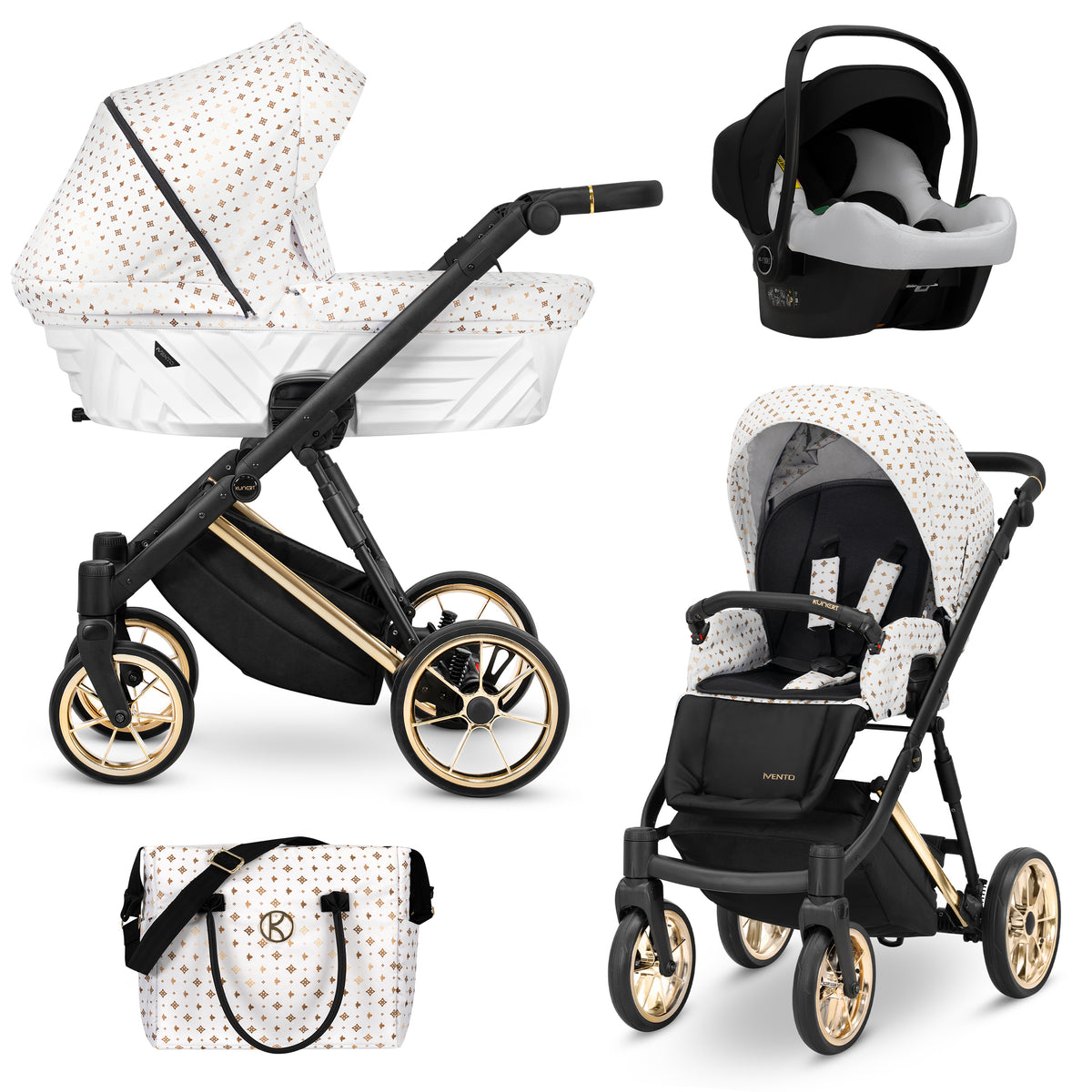 Sistema modulare 3in1 Ivento Kunert White Style bianco oro con navicella seduta ovetto Cosmo e borsa