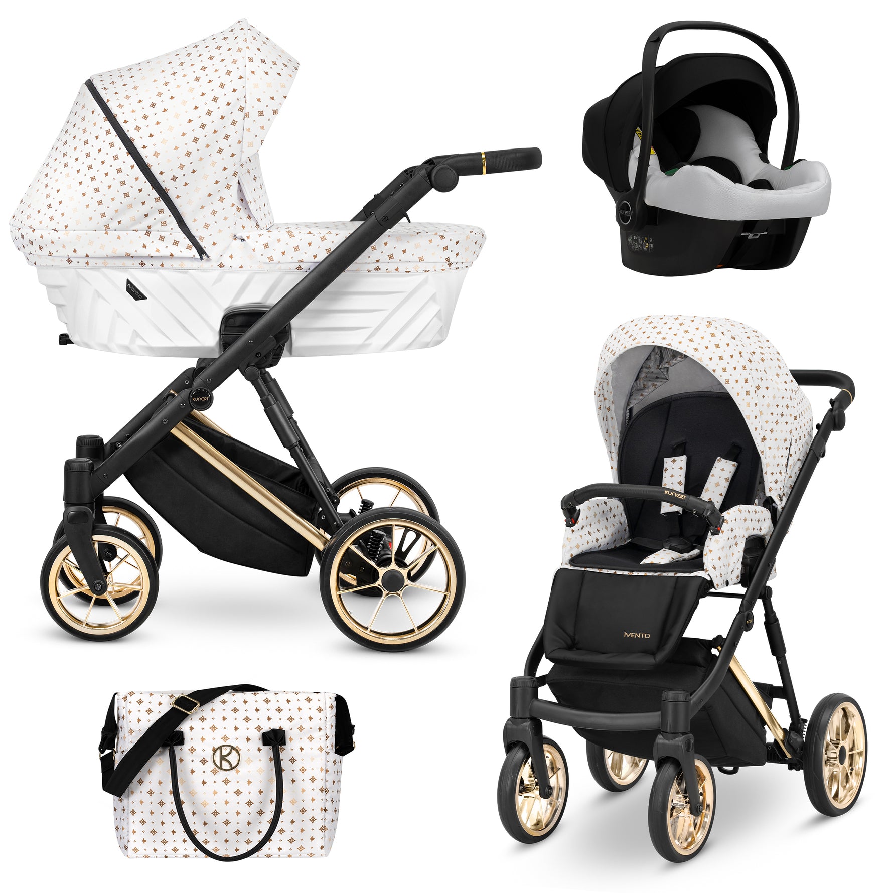 Sistema modulare 3in1 Ivento Kunert White Style bianco oro con navicella seduta ovetto Cosmo e borsa