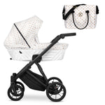 Passeggino Ivento Kunert White Style navicella bianca fantasia telaio nero con borsa fasciatoio coordinata