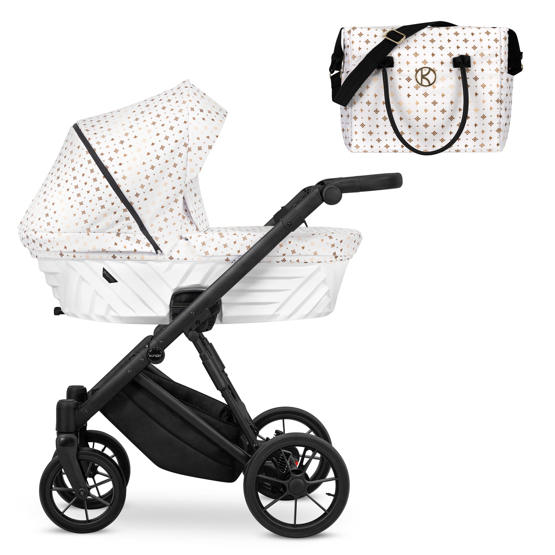 Passeggino Ivento Kunert White Style navicella bianca fantasia telaio nero con borsa fasciatoio coordinata
