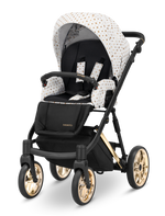 Passeggino Ivento Kunert White Style seduta bianca fantasia oro con ruote dorate vista frontale