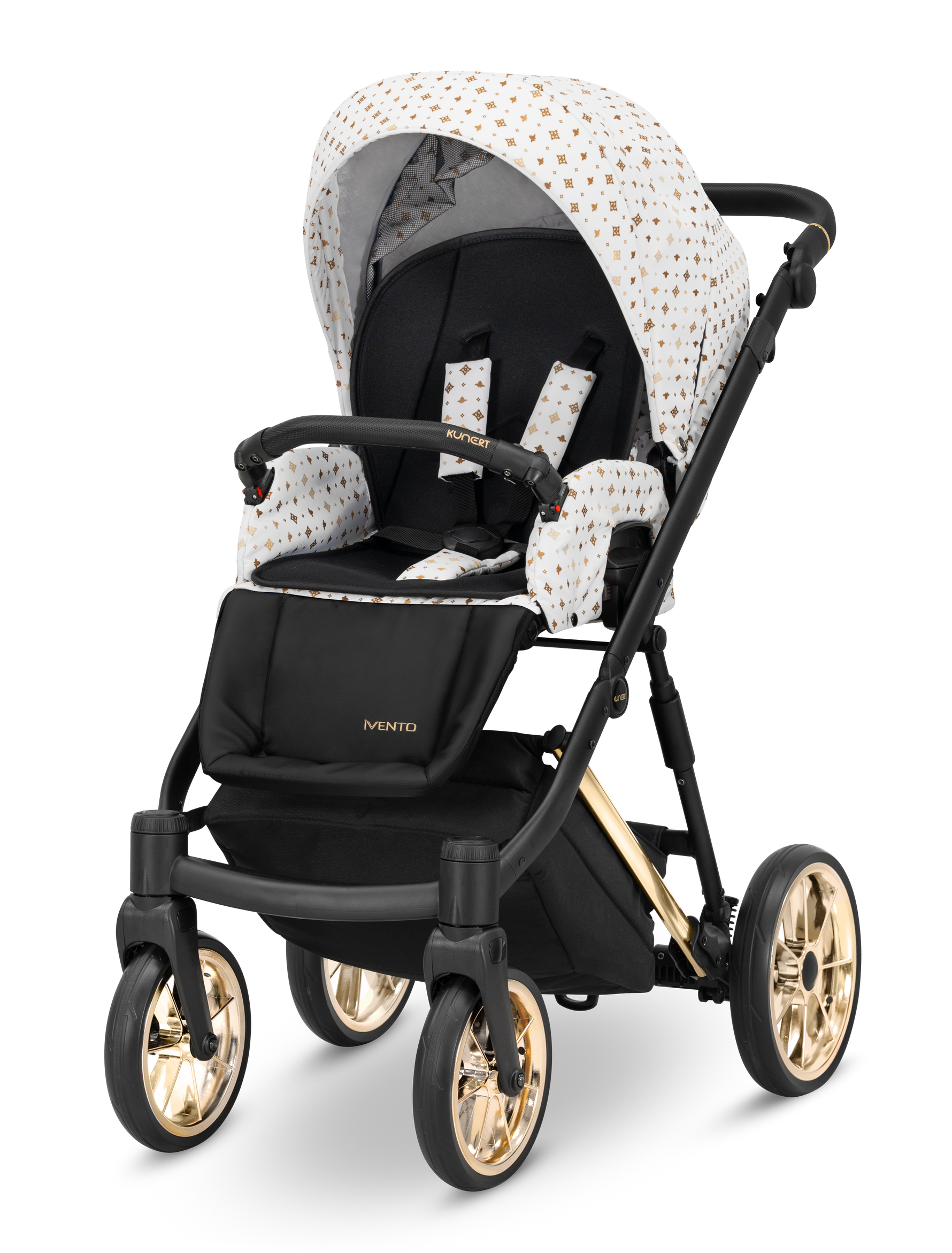 Passeggino Ivento Kunert White Style seduta bianca fantasia oro con ruote dorate vista frontale