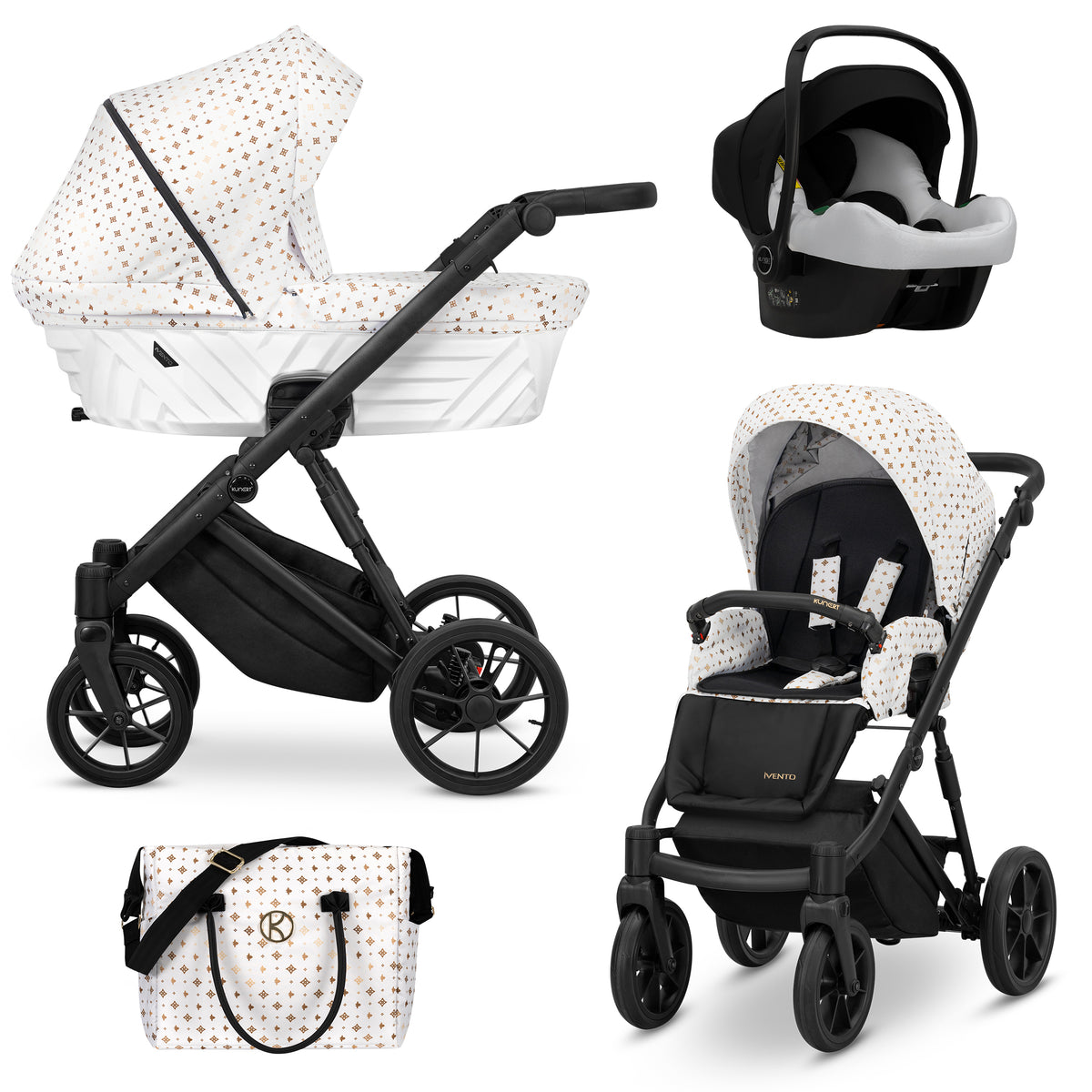 Sistema trio Ivento Kunert White Style bianco nero con navicella seduta ovetto Cosmo e borsa coordinata