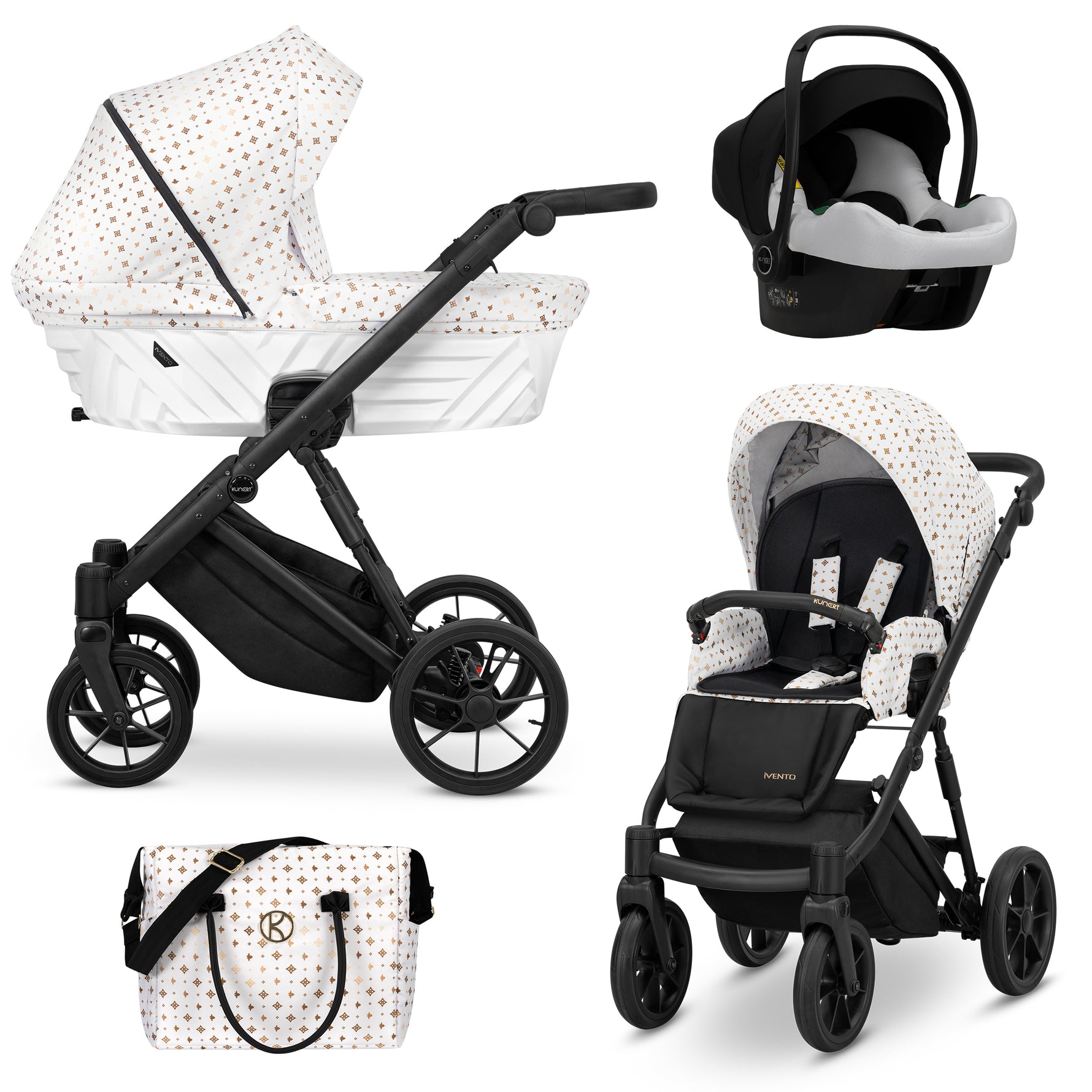 Sistema trio Ivento Kunert White Style bianco nero con navicella seduta ovetto Cosmo e borsa coordinata