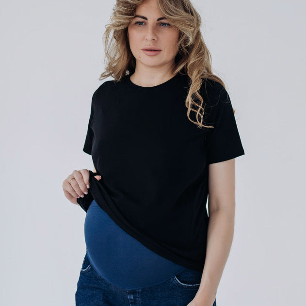 Jeans gravidanza blu scuro in denim con elastan, fascia vita alta in maglia che cresce insieme al pancione