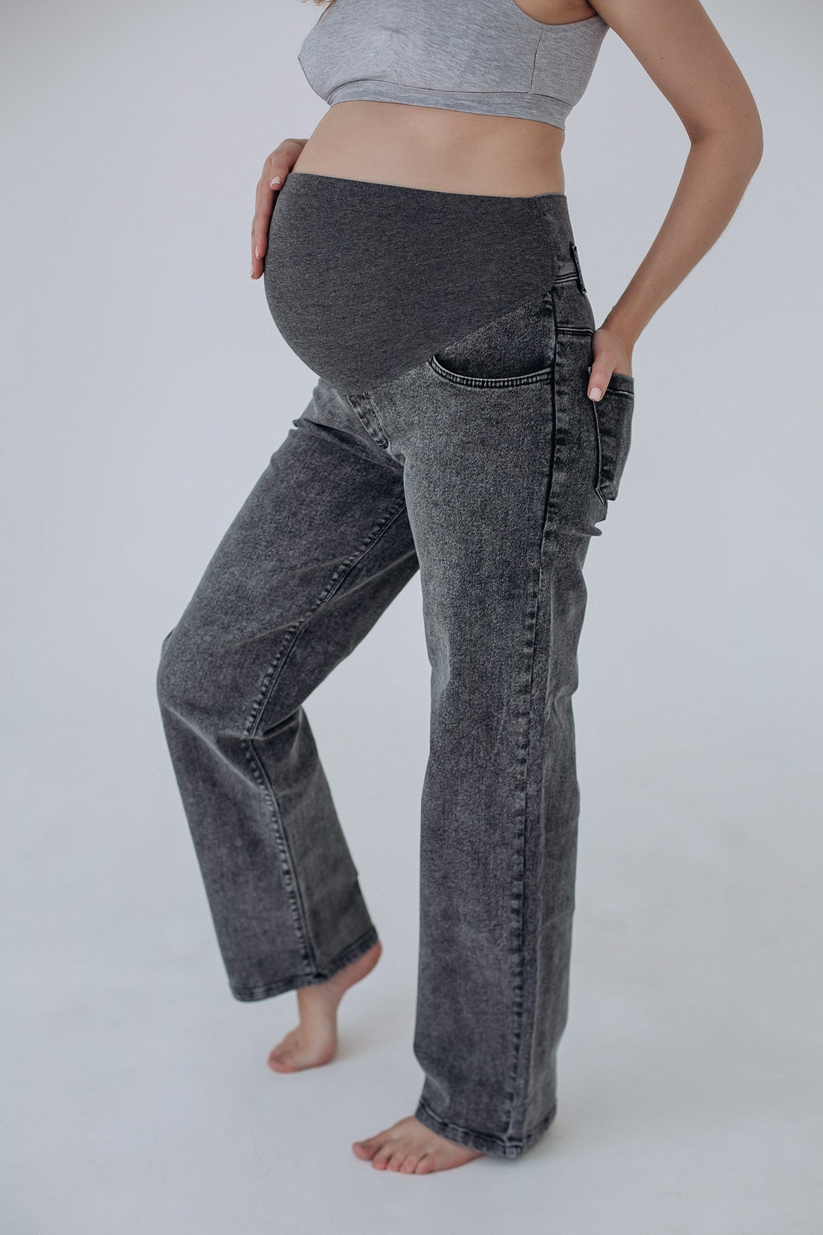 Jeans premaman grigi Simple&Basic a gamba dritta con fascia vita alta in maglia 