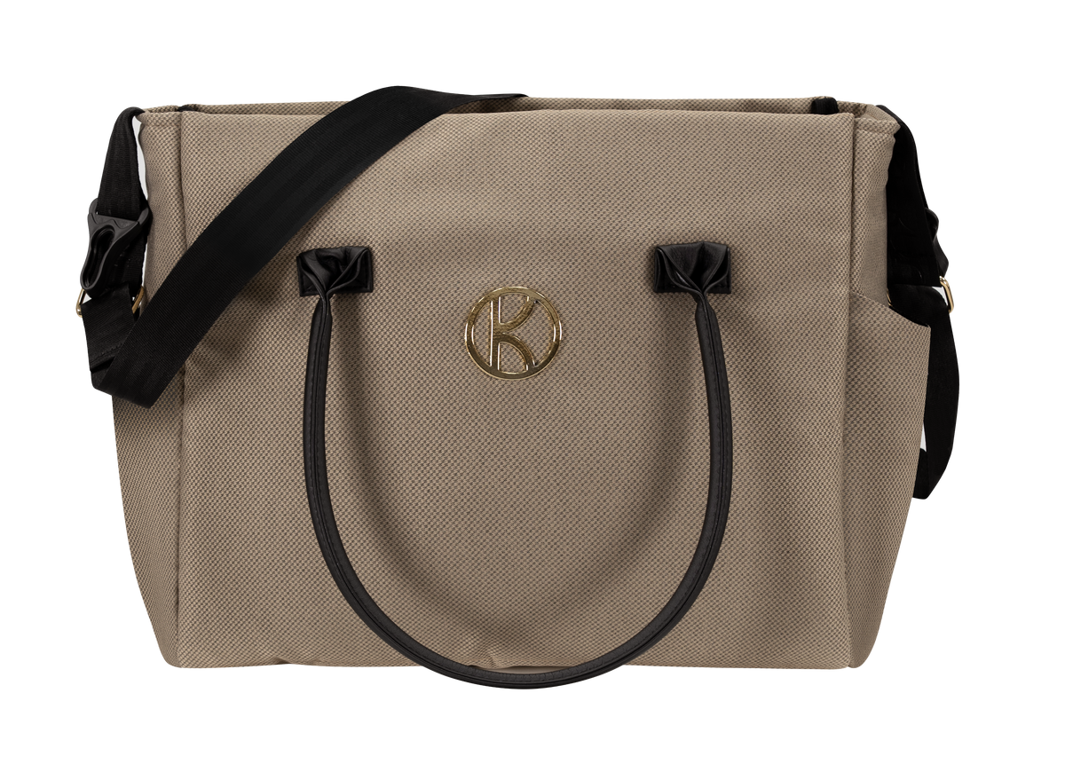 Borsa fasciatoio Kunert in tessuto beige caramel, manici neri, tracolla e logo metallico dorato