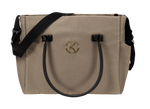 Borsa fasciatoio Kunert in tessuto beige caramel, manici neri, tracolla e logo metallico dorato