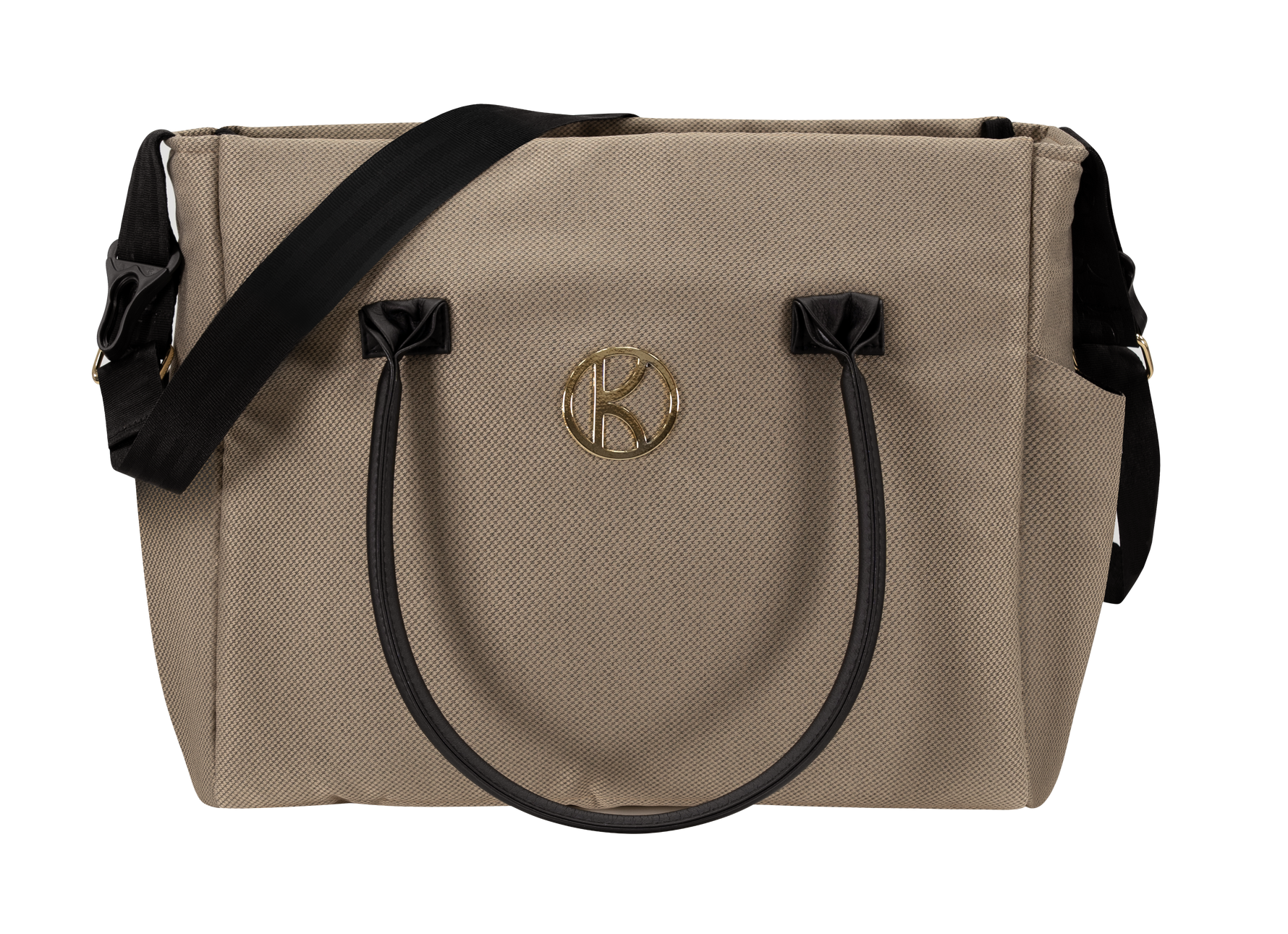 Borsa fasciatoio Kunert in tessuto beige caramel, manici neri, tracolla e logo metallico dorato