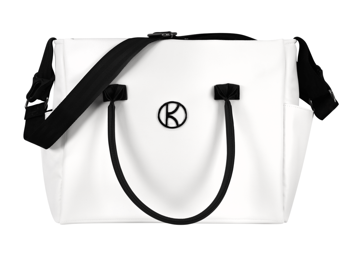 Borsa mamma Kunert eco-pelle bianca, manici neri e logo metallico – borsa fasciatoio per passeggino