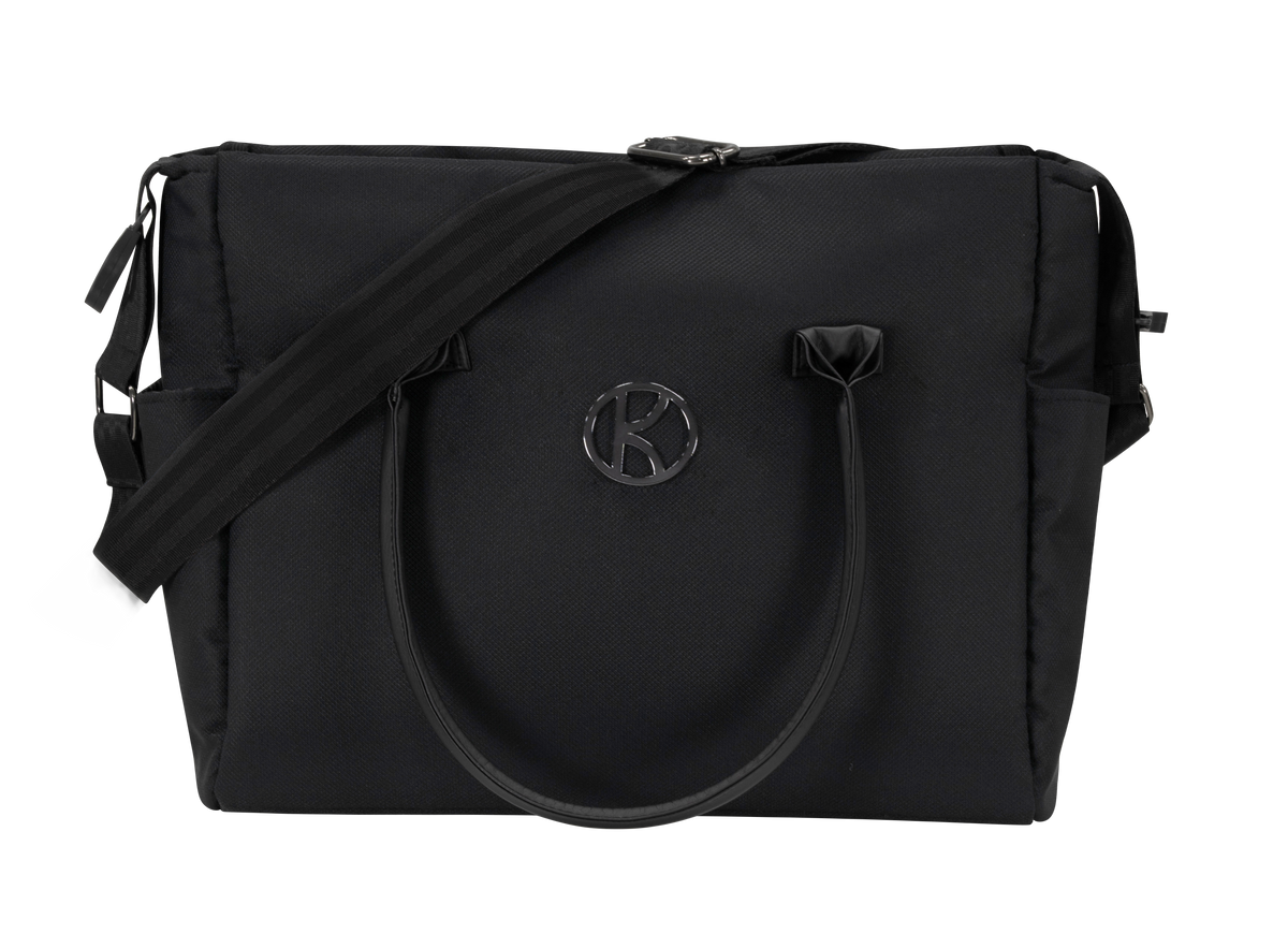 Borsa fasciatoio Kunert in tessuto nero profondo, manici e tracolla neri, logo metallico nero