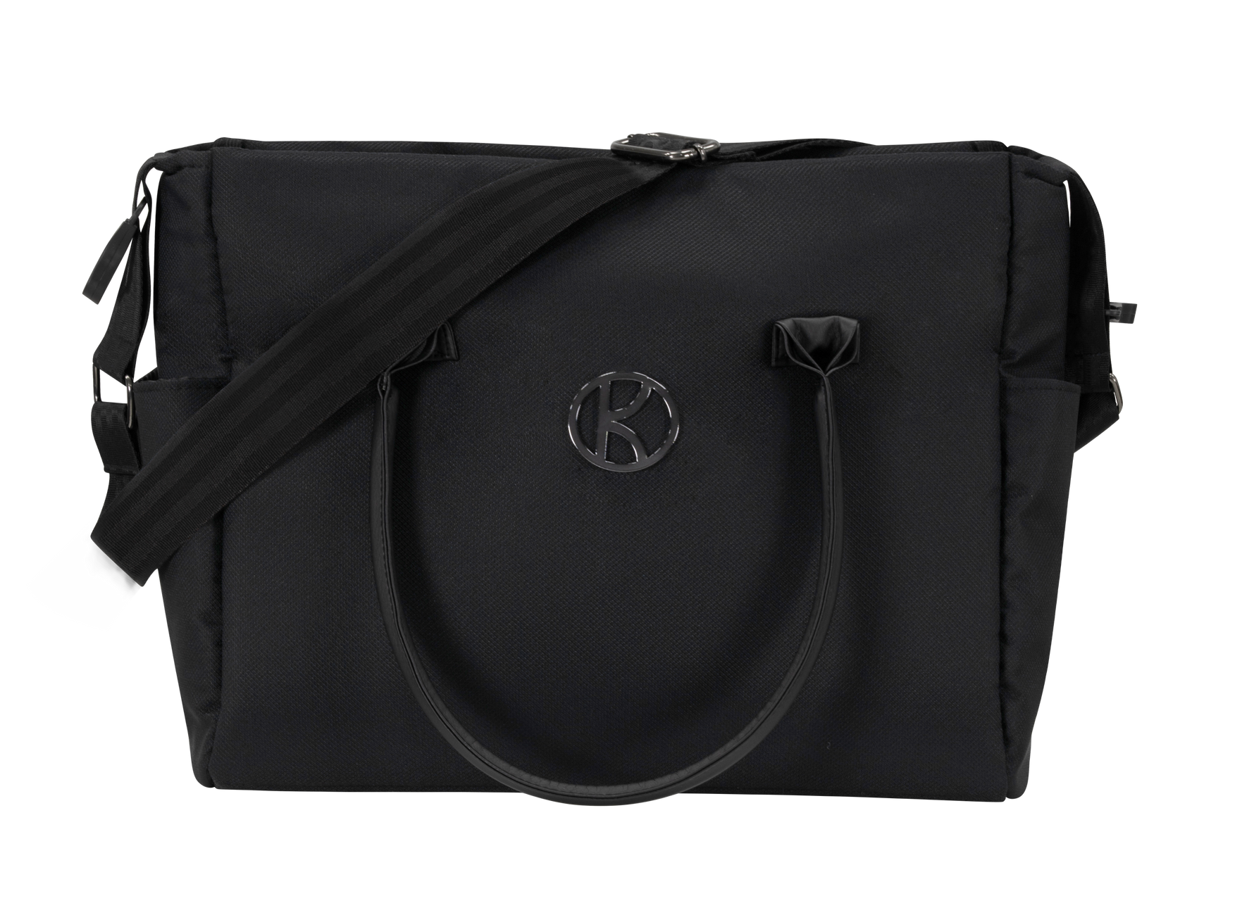 Borsa fasciatoio Kunert in tessuto nero profondo, manici e tracolla neri, logo metallico nero