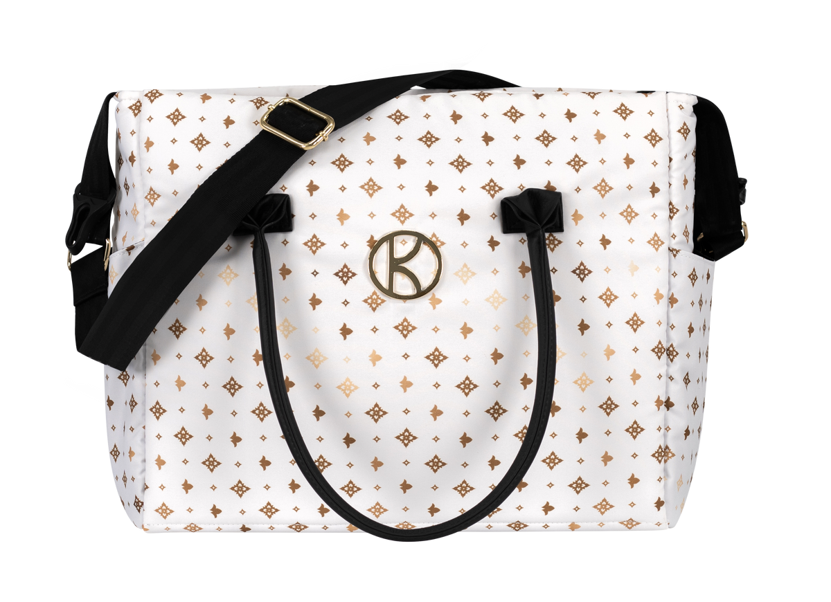 Borsa mamma Kunert bianco oro fantasia con manici neri e logo dorato coordinata passeggino