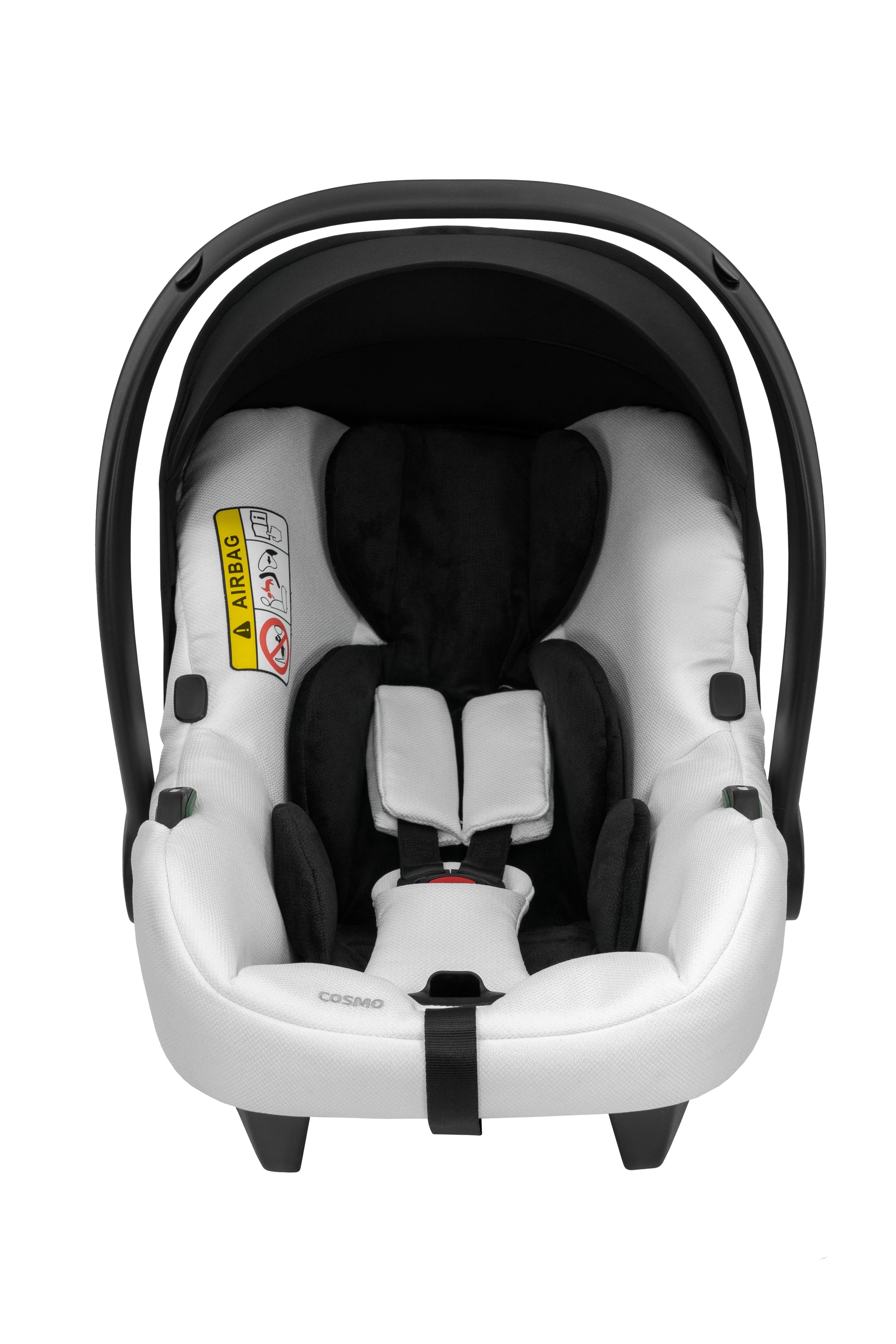 Ovetto seggiolino auto Kunert Cosmo bianco vista frontale con imbragatura a 5 punti e riduttore neonato
