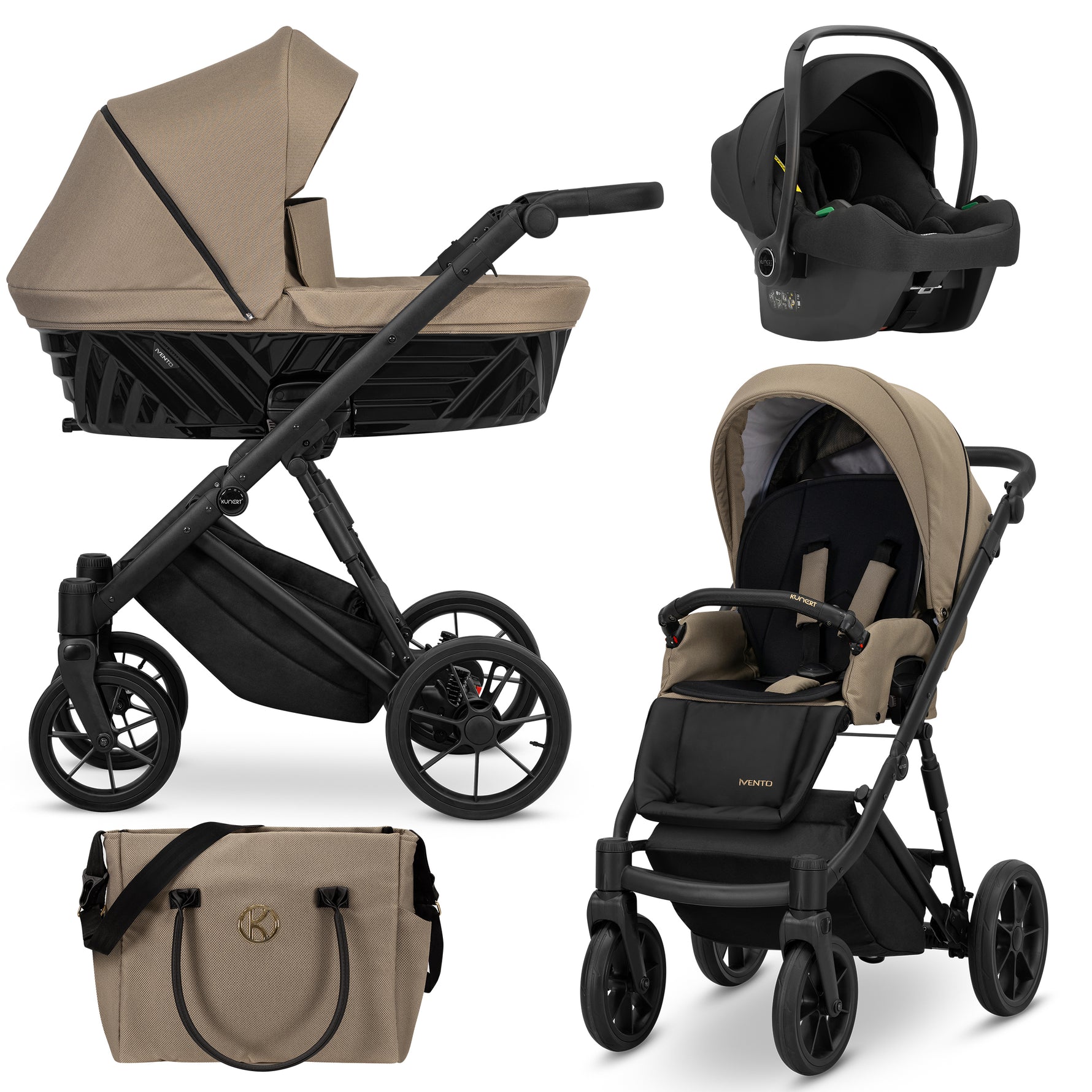 Kunert Ivento 3in1 beige caramel e nero – navicella tessuto, seduta, ovetto Cosmo e borsa fasciatoio